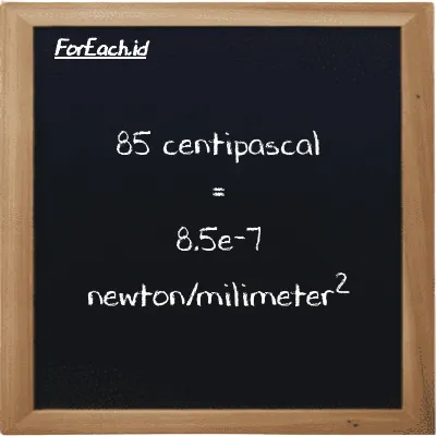 85 centipascal is equivalent to 8.5e-7 newton/milimeter<sup>2</sup> (85 cPa is equivalent to 8.5e-7 N/mm<sup>2</sup>)